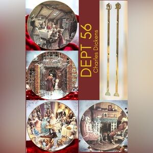 🔴 Dept 56 A Christmas Carol Coll. Plate Series Set of 4 & 2 Brass Plate Holders